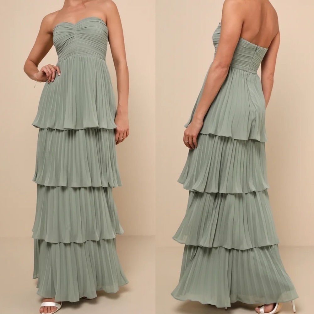Seriously Sensational Sage Brush Strapless Tiered Maxi Dress